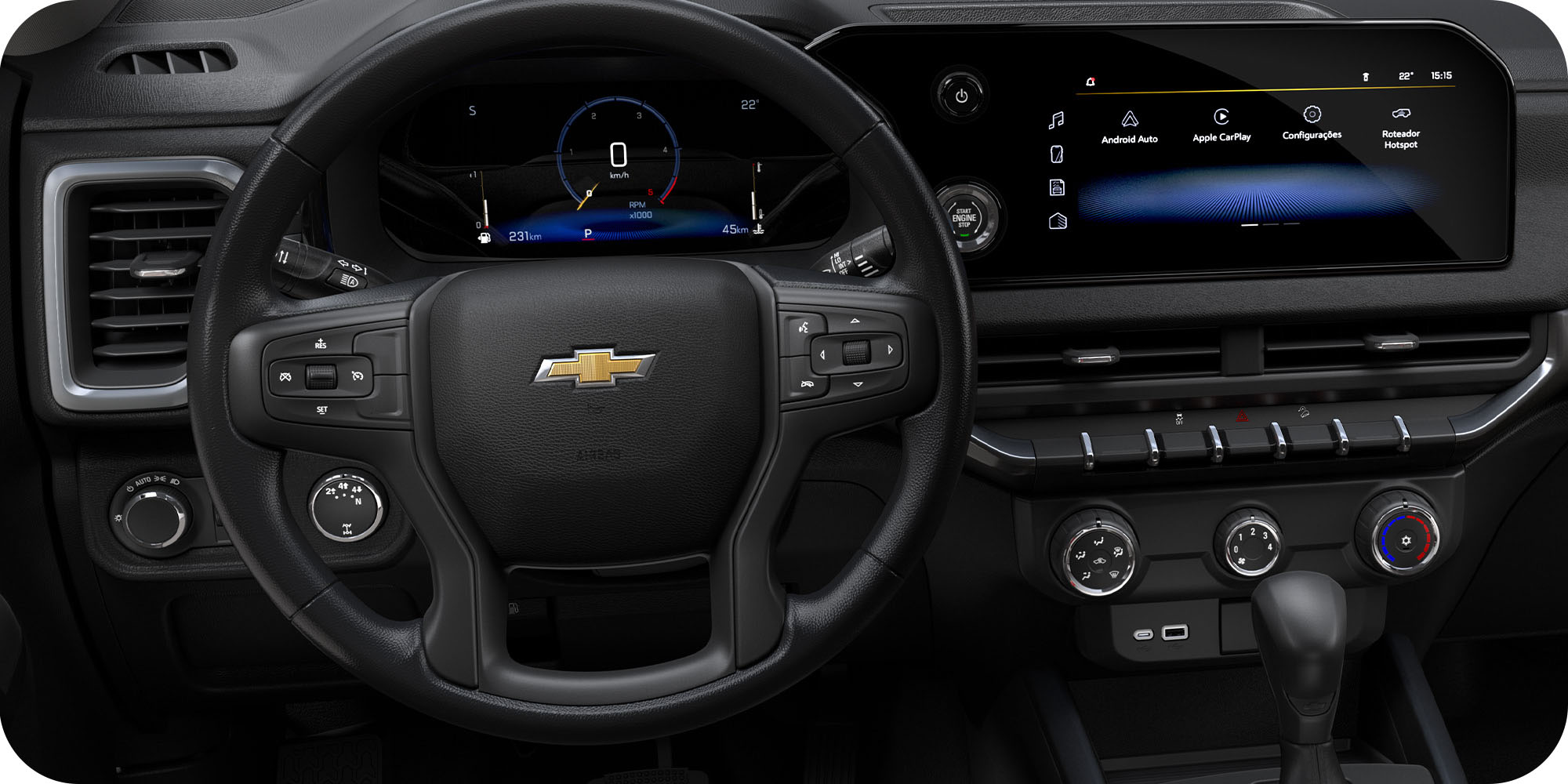 Interior de Chevrolet Colorado con pantallas digitales y conectividad